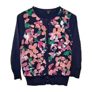 Ann Taylor Women Floral Print Button Up Cardigan Size XS Navy Blue